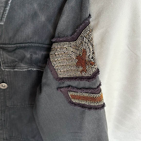 Free People Charcoal Denim Beaded Arm Patch Military Style Jacket - Picture 3 of 11